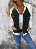 Women's Denim Knit Sleeve Jacket – Zip Up Contrast Panel Casual Bomber Jacket