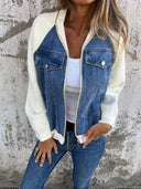 Women's Denim Knit Sleeve Jacket – Zip Up Contrast Panel Casual Bomber Jacket