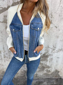 Women's Denim Knit Sleeve Jacket – Zip Up Contrast Panel Casual Bomber Jacket