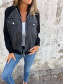 Women's Denim Knit Sleeve Jacket – Zip Up Contrast Panel Casual Bomber Jacket