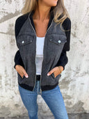 Women's Denim Knit Sleeve Jacket – Zip Up Contrast Panel Casual Bomber Jacket