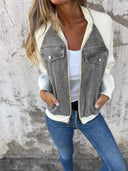 Women's Denim Knit Sleeve Jacket – Zip Up Contrast Panel Casual Bomber Jacket