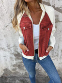 Women's Denim Knit Sleeve Jacket – Zip Up Contrast Panel Casual Bomber Jacket