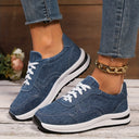 Women's Denim Lace Up Low Cut Sneaker – Curved Seam Wedge Sole Casual Shoe