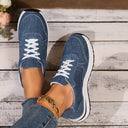 Women's Denim Lace Up Low Cut Sneaker – Curved Seam Wedge Sole Casual Shoe