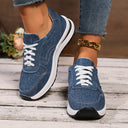 Women's Denim Lace Up Low Cut Sneaker – Curved Seam Wedge Sole Casual Shoe
