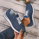 Women's Denim Lace Up Low Cut Sneaker – Curved Seam Wedge Sole Casual Shoe