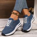 Women's Denim Lace Up Low Cut Sneaker – Curved Seam Wedge Sole Casual Shoe