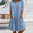 Women's Denim Midi – Collar Short Sleeve Mesh Panel Patch Pocket Casual Dress