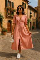 Women's Denim Midi Dress – V Neck Button Front Puff Sleeve Tie Cuff Summer