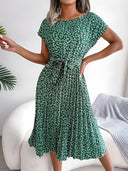 Women's Ditsy Floral Midi Dress – Round Neck Cap Sleeve Pleated Tie Waist Summer