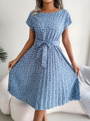 Women's Ditsy Floral Midi Dress – Round Neck Cap Sleeve Pleated Tie Waist Summer