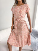 Women's Ditsy Floral Midi Dress – Round Neck Cap Sleeve Pleated Tie Waist Summer
