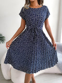 Women's Ditsy Floral Midi Dress – Round Neck Cap Sleeve Pleated Tie Waist Summer