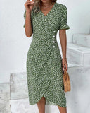 Women's Ditsy Floral Midi Dress – V Neck Short Sleeve Button Front Summer Dress