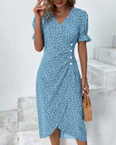 Women's Ditsy Floral Midi Dress – V Neck Short Sleeve Button Front Summer Dress