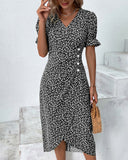Women's Ditsy Floral Midi Dress – V Neck Short Sleeve Button Front Summer Dress