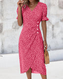 Women's Ditsy Floral Midi Dress – V Neck Short Sleeve Button Front Summer Dress