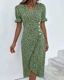 Women's Ditsy Floral Midi Dress – V Neck Short Sleeve Button Front Summer Dress