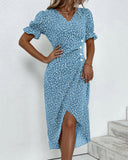 Women's Ditsy Floral Midi Dress – V Neck Short Sleeve Button Front Summer Dress