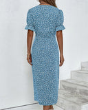 Women's Ditsy Floral Midi Dress – V Neck Short Sleeve Button Front Summer Dress