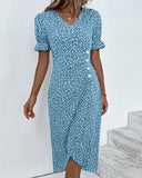 Women's Ditsy Floral Midi Dress – V Neck Short Sleeve Button Front Summer Dress