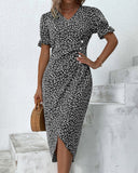 Women's Ditsy Floral Midi Dress – V Neck Short Sleeve Button Front Summer Dress