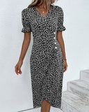 Women's Ditsy Floral Midi Dress – V Neck Short Sleeve Button Front Summer Dress
