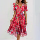 Women's Ditsy Floral Midi – V Neck Flutter Sleeve Tie Waist Wedding Guest Dress