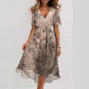 Women's Ditsy Floral Midi – V Neck Flutter Sleeve Tie Waist Wedding Guest Dress