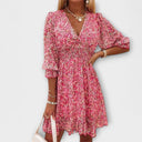 Women's Ditsy Floral Mini – V Neck Puff Sleeve Smocked Waist Summer Party Dress