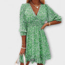 Women's Ditsy Floral Mini – V Neck Puff Sleeve Smocked Waist Summer Party Dress