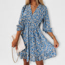 Women's Ditsy Floral Mini – V Neck Puff Sleeve Smocked Waist Summer Party Dress