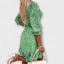 Women's Ditsy Floral Mini – V Neck Puff Sleeve Smocked Waist Summer Party Dress