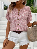 Women's Ditsy Floral Short Sleeve Button-Up Blouse – Boho Casual Summer Top