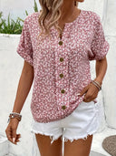 Women's Ditsy Floral Short Sleeve Button-Up Blouse – Boho Casual Summer Top