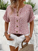 Women's Ditsy Floral Short Sleeve Button-Up Blouse – Boho Casual Summer Top