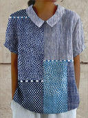 Women's Dot and Stripe Patchwork Print Top – Collared Short Sleeve Casual Everyday Shirt