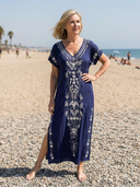 Women's Embroidered Floral Maxi – V Neck Cap Sleeve Placement Kaftan Beach Summer Dress