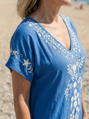 Women's Embroidered Floral Maxi – V Neck Cap Sleeve Placement Kaftan Beach Summer Dress