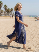 Women's Embroidered Floral Maxi – V Neck Cap Sleeve Placement Kaftan Beach Summer Dress