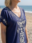 Women's Embroidered Floral Maxi – V Neck Cap Sleeve Placement Kaftan Beach Summer Dress