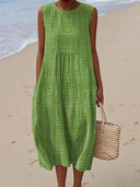 Women's Embroidered Spot Midi – Round Neck Sleeveless Smock Waist Pocket Dress