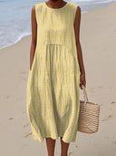 Women's Embroidered Spot Midi – Round Neck Sleeveless Smock Waist Pocket Dress