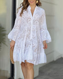 Women's Eyelet Embroidered Mini Dress – V Neck Button Down Flared Sleeve Summer Dress