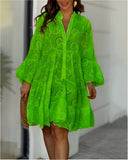 Women's Eyelet Embroidered Mini Dress – V Neck Button Down Flared Sleeve Summer Dress