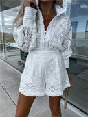 Women's Eyelet Lace Two Piece Set – Mock Neck Long Sleeve Top Mini Skort