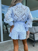 Women's Eyelet Lace Two Piece Set – Mock Neck Long Sleeve Top Mini Skort