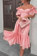 Women's Eyelet Off Shoulder Midi – Sweetheart Neck Ruffle Summer Dress