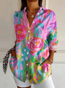 Women's Floral Abstract Print Button-Up Blouse – Long Sleeve Casual Shirt Top